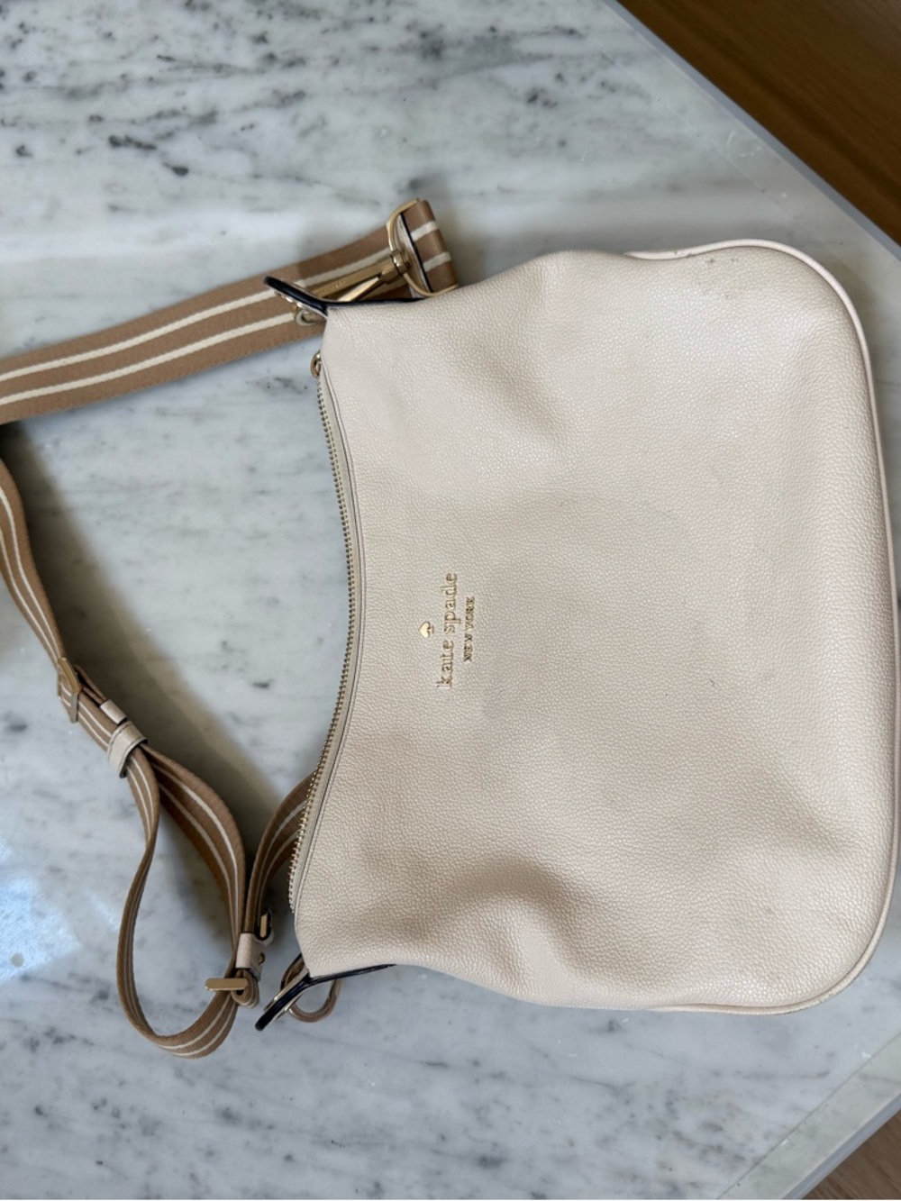 kate spade Cream Leather Shoulder Bag with Striped Strap